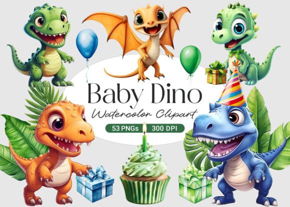 Baby Dino Party Watercolor Clipart: A Fun Illustrations Pick