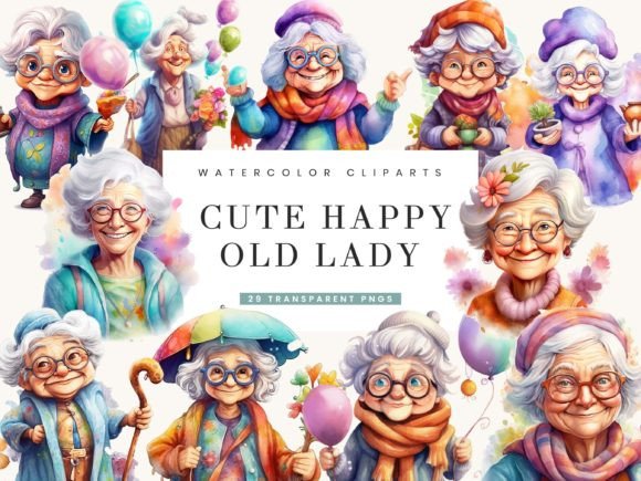 Charming Watercolor Cute Happy Old Lady Clipart