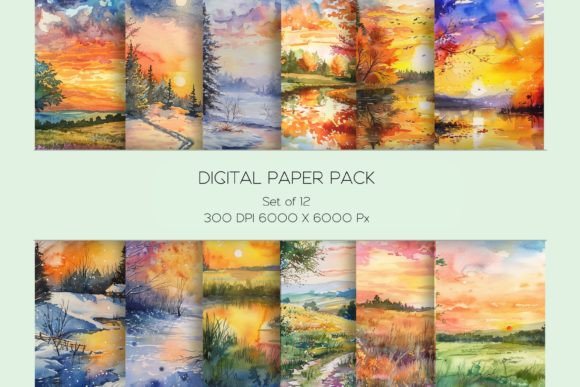 Colorful 4 Season Watercolor Landscape: Perfect for Handmade Illustrations