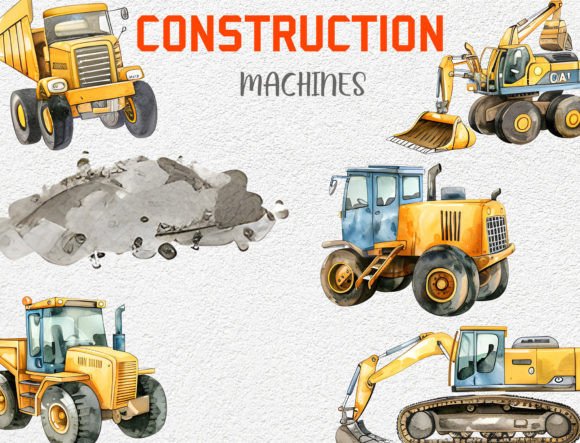 Construction Machines Watercolor Clipart: A Versatile Illustration Set