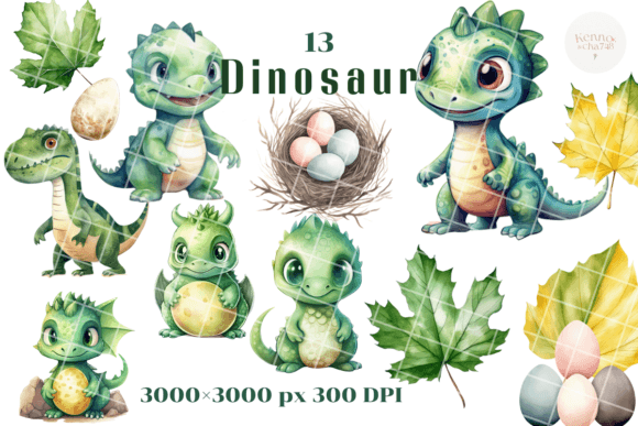 Leafy Dinosaur Watercolor Clipart for Illustrations