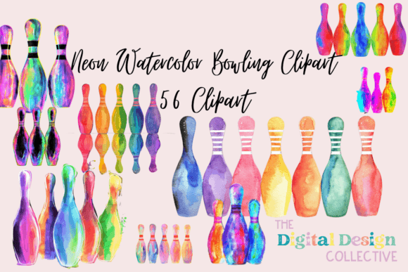 Neon Watercolor Bowling Clipart: A Vibrant Illustrations Asset