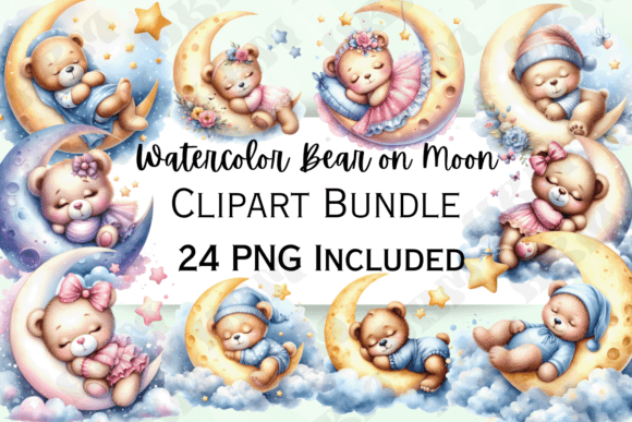 Watercolor Bear on Moon Clipart: A Charming Illustration