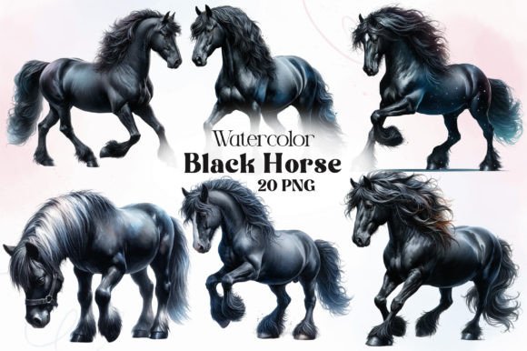 Watercolor Black Horse Clipart for Embroidery
