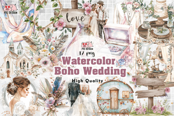 Watercolor Boho Wedding Clipart PNG for Illustrations