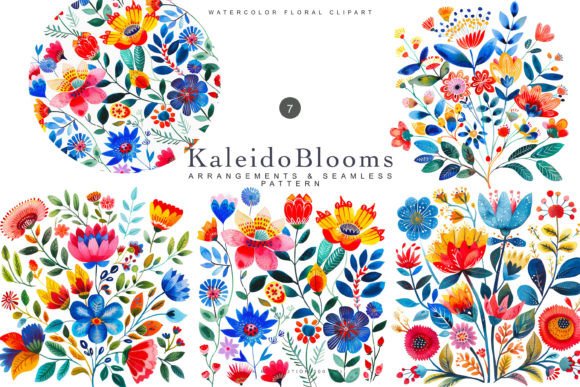 Watercolor Colorful Folk Floral Clipart Illustrations