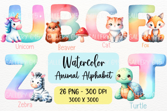 Watercolor Cute Animal Alphabet ABC PNG Illustrations
