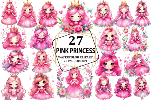 Watercolor Cute Pink Princess Clipart for Illustrations