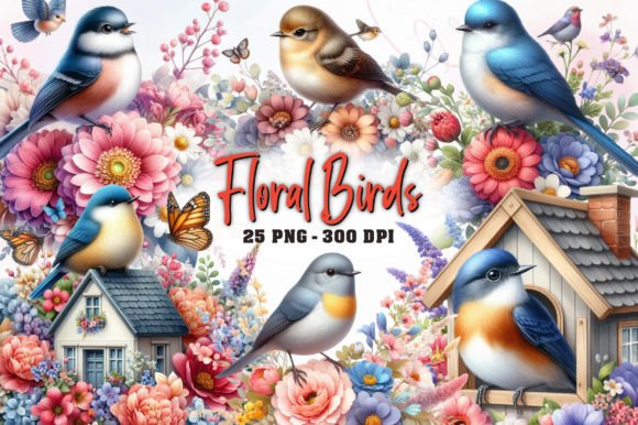 Watercolor Floral Birds Clipart for Illustrations
