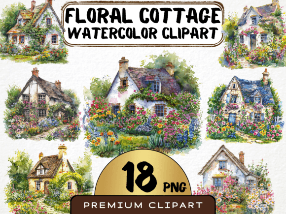 Watercolor Floral Cottage Clipart for Illustrations