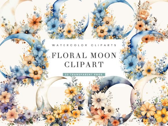 Watercolor Floral Moon Clipart for Illustrations