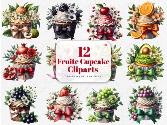 Watercolor Fruit Cupcakes Clipart for Illustrations