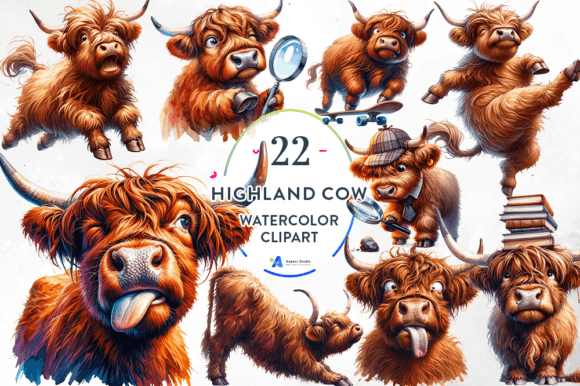 Watercolor Funny Highland Cow Clipart for Creative Illustrations