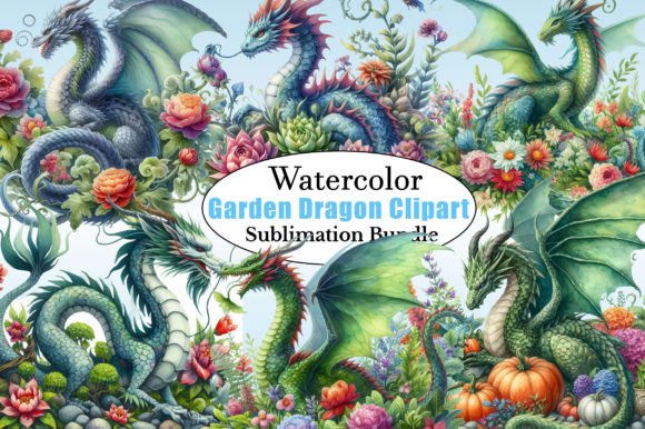 Watercolor Garden Dragon Clipart for Illustrations