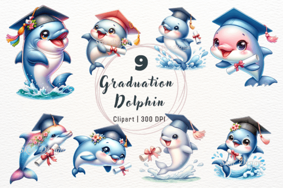 Watercolor Graduation Dolphin Clipart for Illustrations