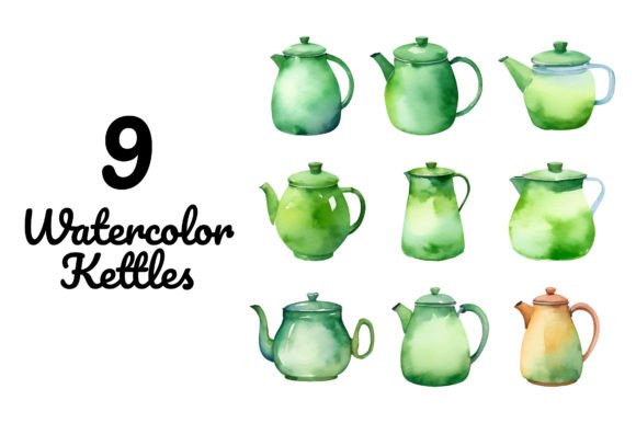 Watercolor Green Kettle Tea Pot Clipart Illustrations