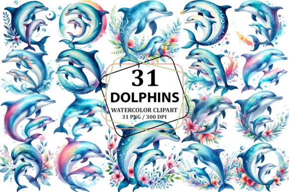 Watercolor Mother Calf Dolphin Clipart for Illustrations
