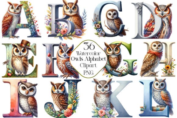 Watercolor Owls Alphabet Clipart for Creative Illustrations