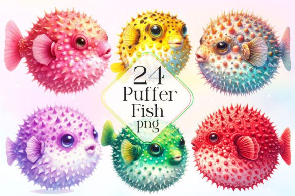 Watercolor Puffer Fish Clipart PNG for Illustrations