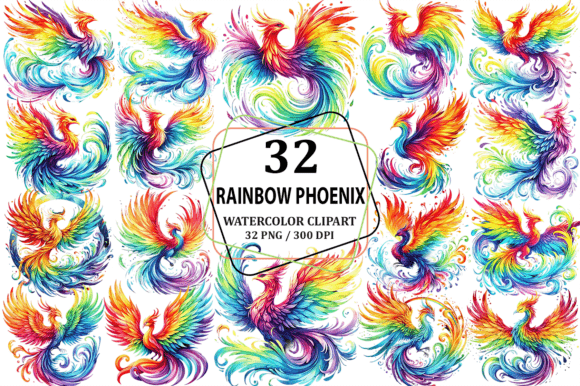 Watercolor Rainbow Phoenix Clipart for Illustrations