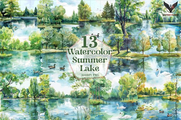 Watercolor Summer Lake Clipart PNG for Editorial Illustrations